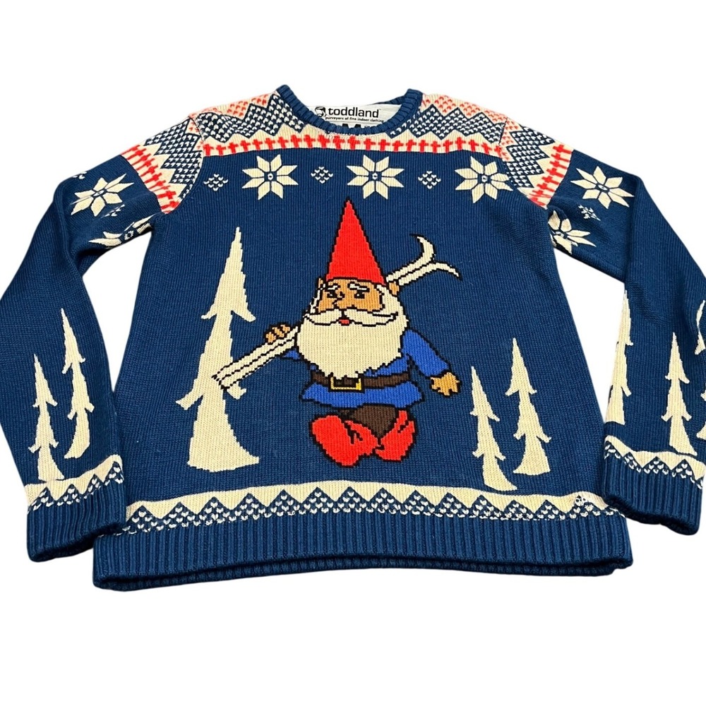 Toddland Sweater Mens Medium Blue Skiing Gnome Ugly Christmas Holiday Wool Blend